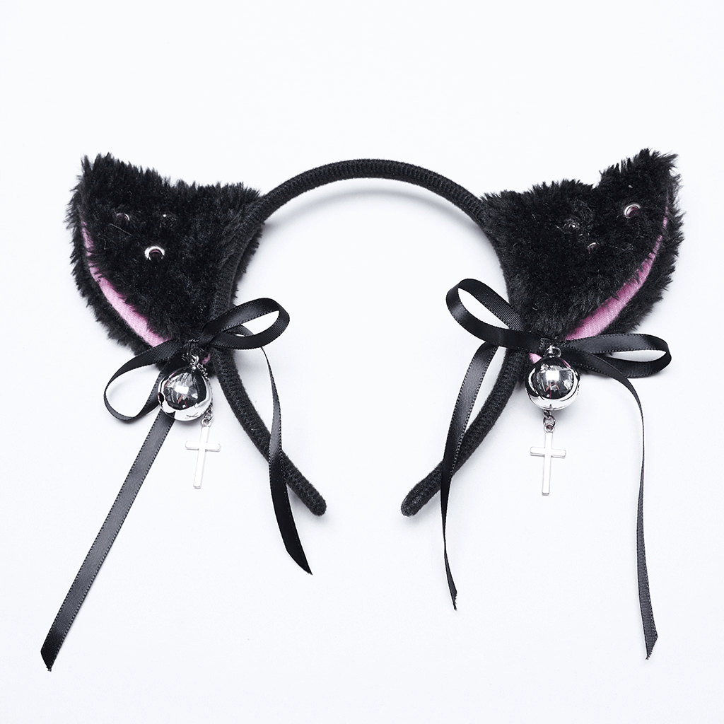 Gothic cat ears headband with plush, bows, rivets, and bells for a punk look.
