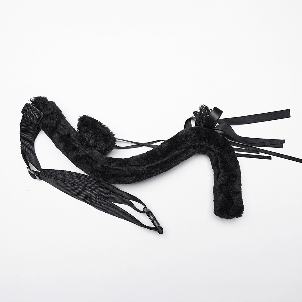 Gothic cat tail with plush fabric and adjustable straps, featuring ribbons and bows for a playful punk look.