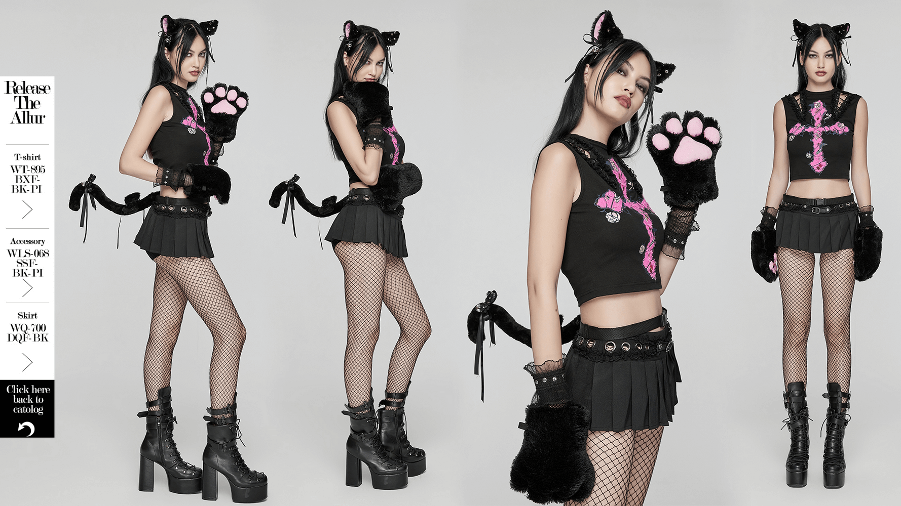 Gothic cat ears and tail set model showcasing punk style with plush gloves and skirt, complete with fishnet tights and platform boots.