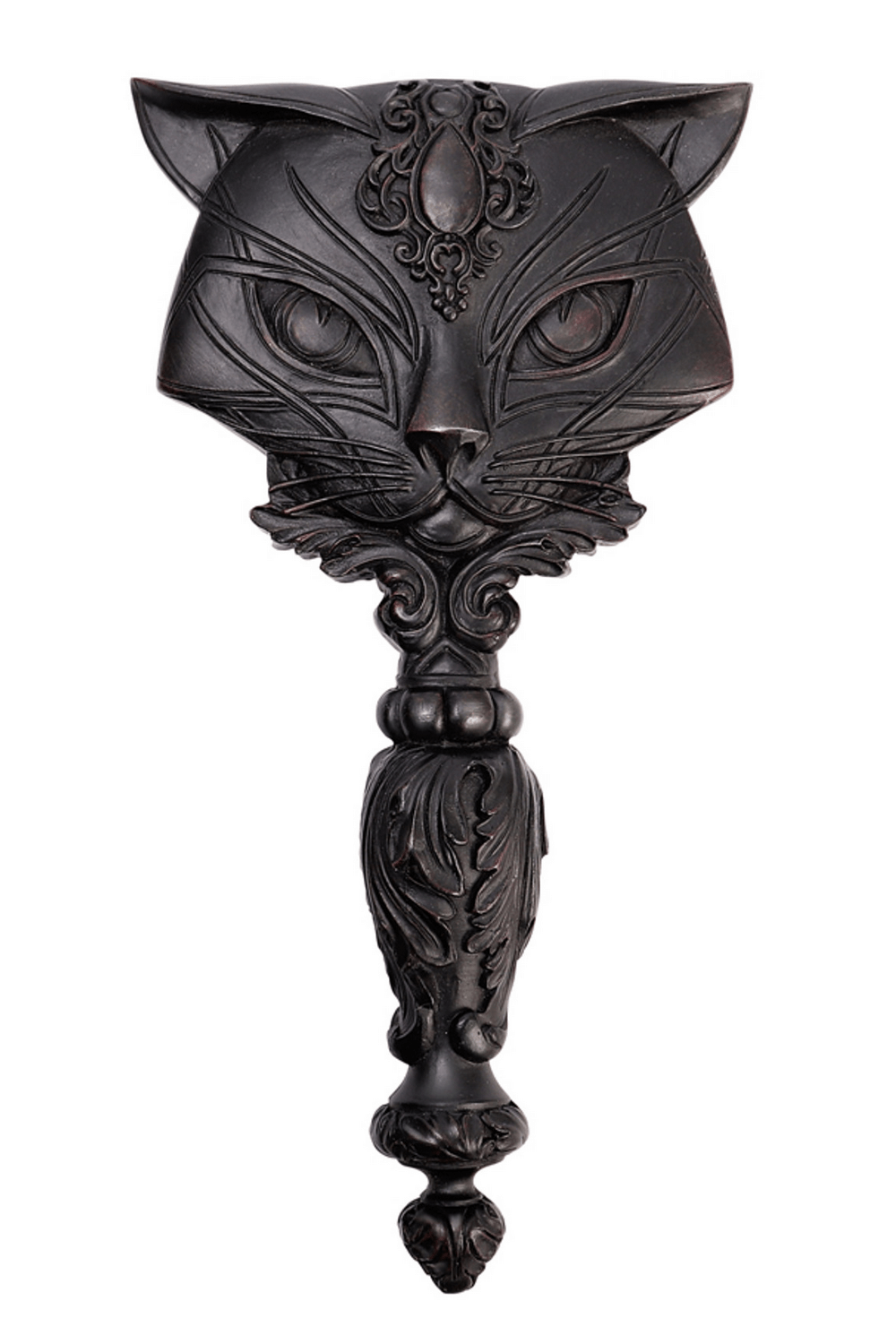 Gothic cat face mirror with ornate detailing, perfect for vintage-inspired decor and adding feline charm.