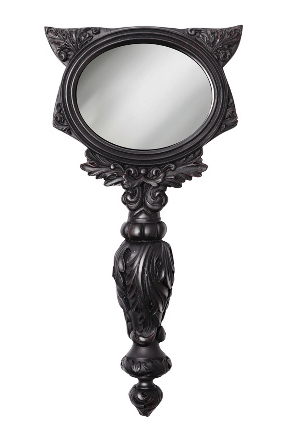 Gothic cat face mirror with ornate detailing and stand, perfect for vintage-inspired decor.