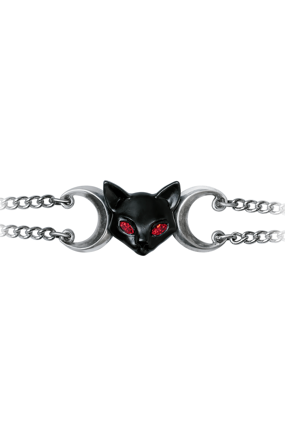 Gothic cat moon bracelet with red crystal eyes, featuring a black cat head and crescent moons on a double curb chain.