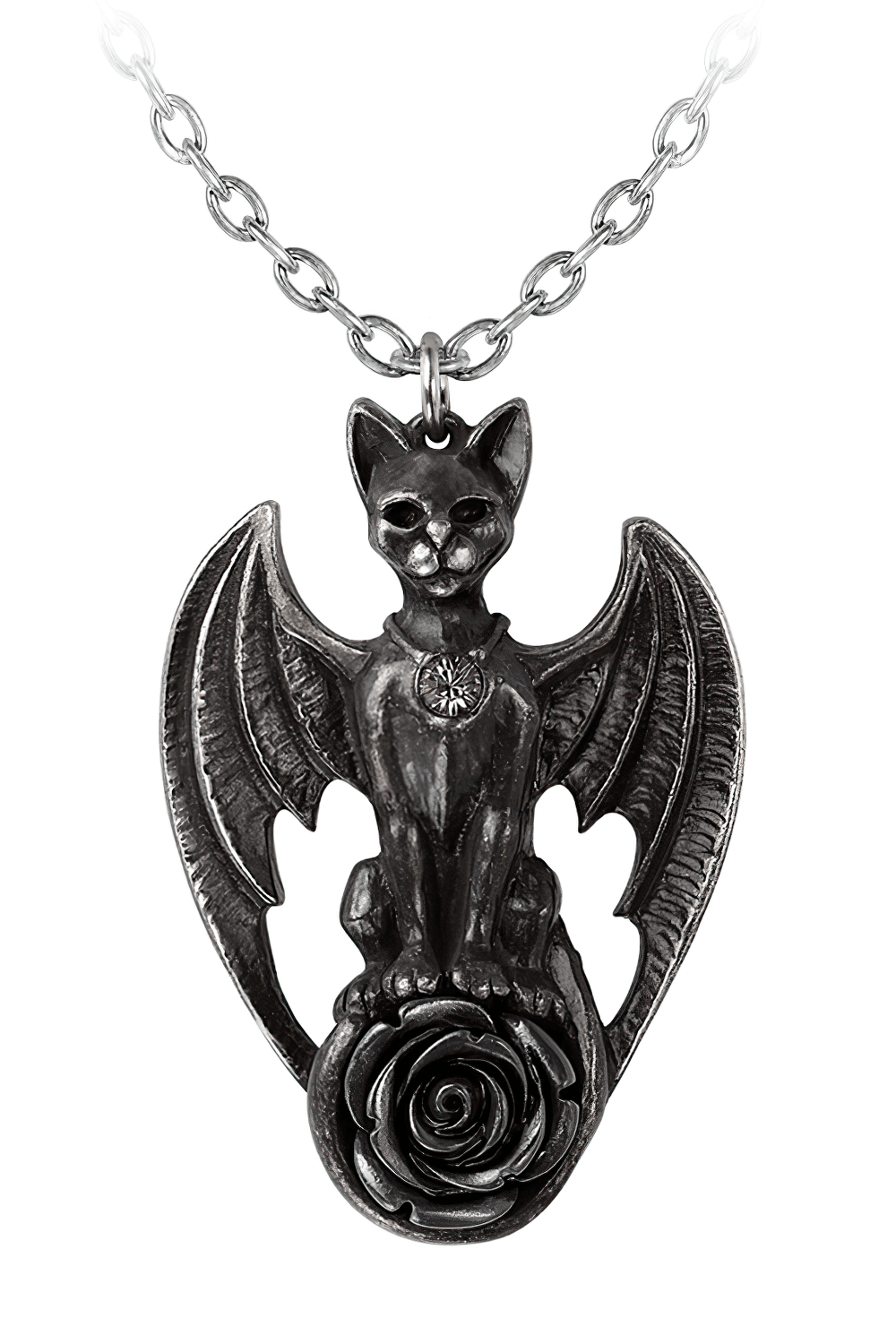 Gothic cat with bat wings and rose pendant necklace, a mystical guardian of Soma, beautifully crafted in silver.
