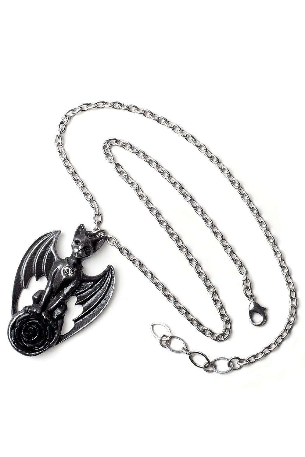 Gothic cat with bat wings and rose pendant necklace on a silver chain, evoking mystical vibes.
