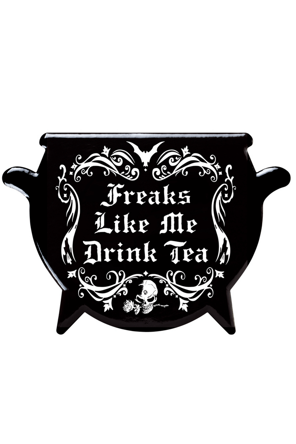 Gothic cauldron-shaped ceramic coaster with 'Freaks Like Me Drink Tea' design, perfect for alternative home decor.