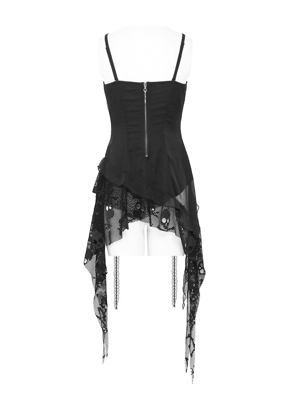 Gothic Chain and Spike Asymmetric Lace Tunic Top, black goth tunic with chains, spikes, and draped lace