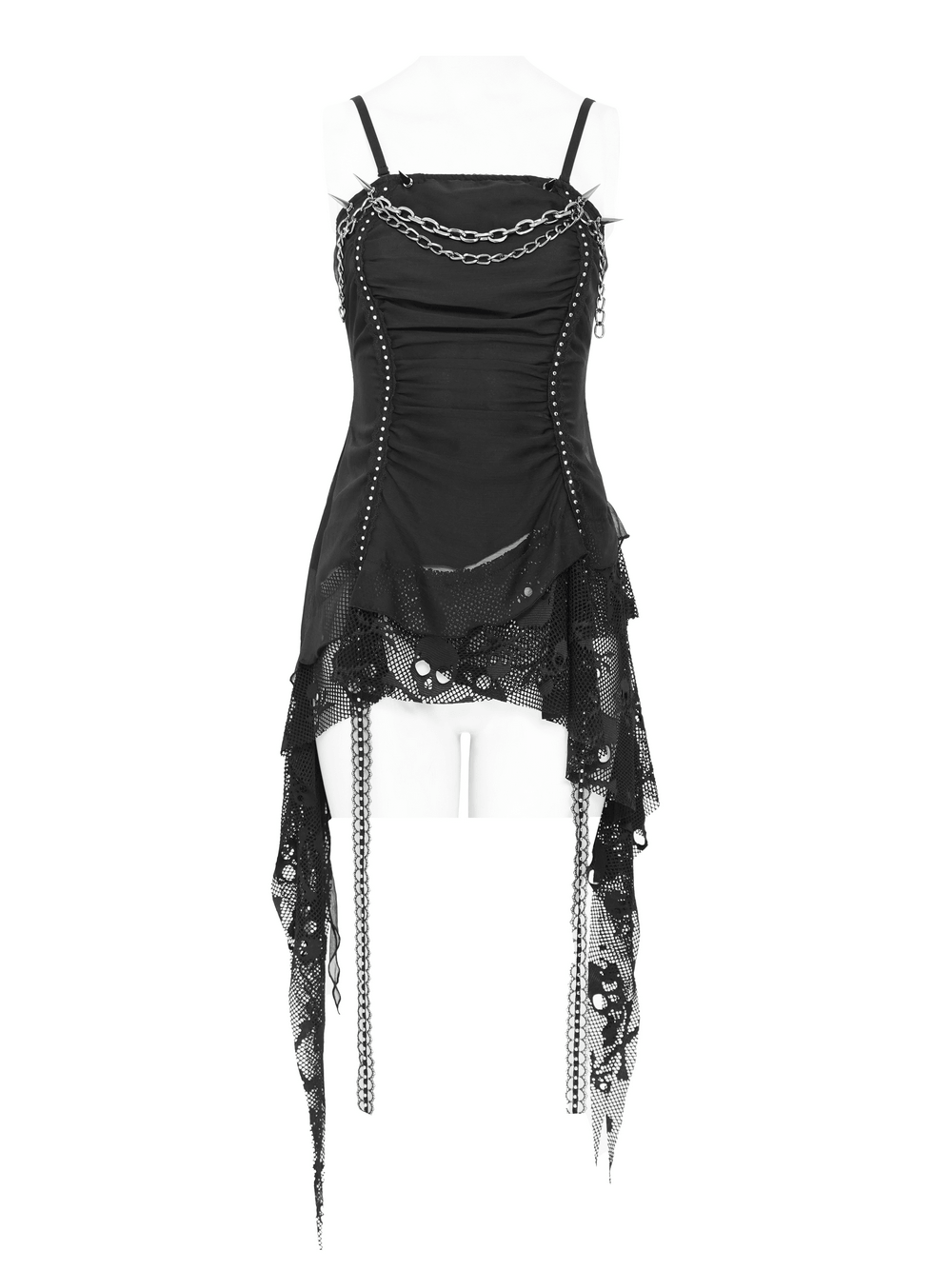 Gothic Chain and Spike Asymmetric Lace Tunic Top black goth tunic with chains, spikes and draped lace