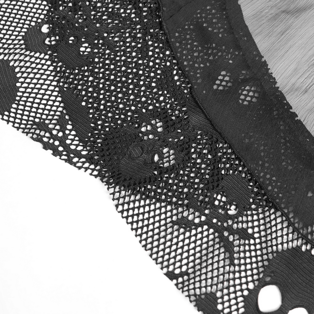 Gothic Chain and Spike Asymmetric Lace Tunic Top black industrial goth tunic with distressed lace and layered hem