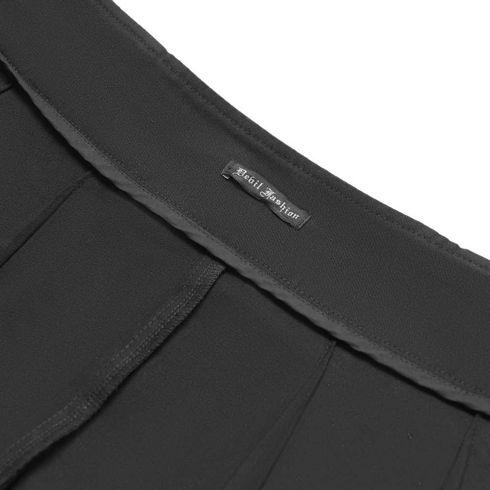 Gothic Chain and Zipper Black Skirt with Layered Panels close-up showing the waistband label and fabric details.