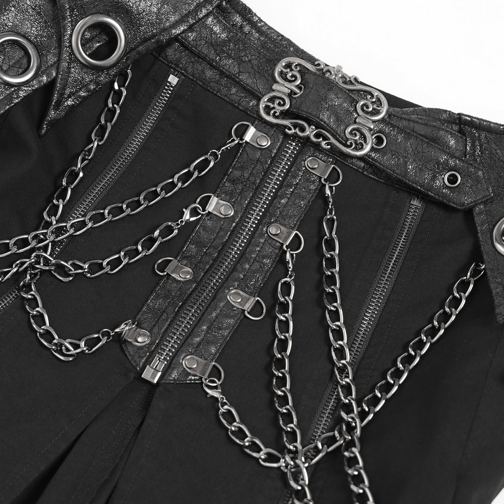 Gothic Chain and Zipper Black Skirt with Layered Panels featuring detailed chains and zipper design.