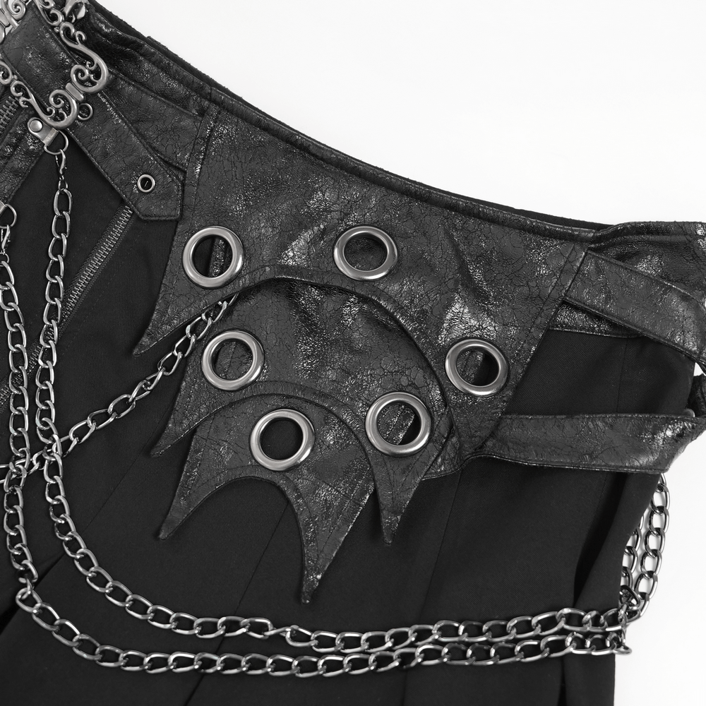 Gothic Chain and Zipper Black Skirt with Layered Panels featuring metal eyelets and draped chains.