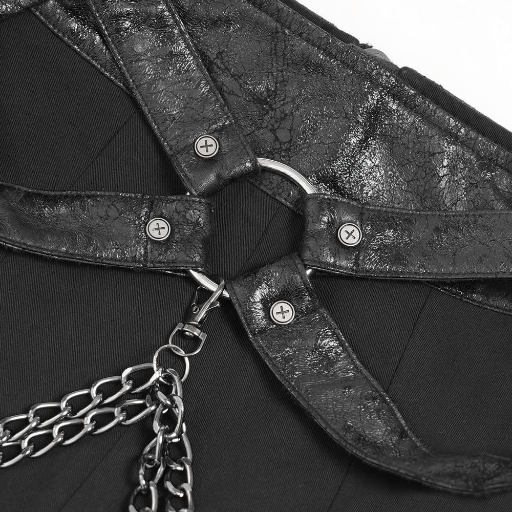Gothic Chain and Zipper Black Skirt with Layered Panels close-up of metal chains and faux leather details.