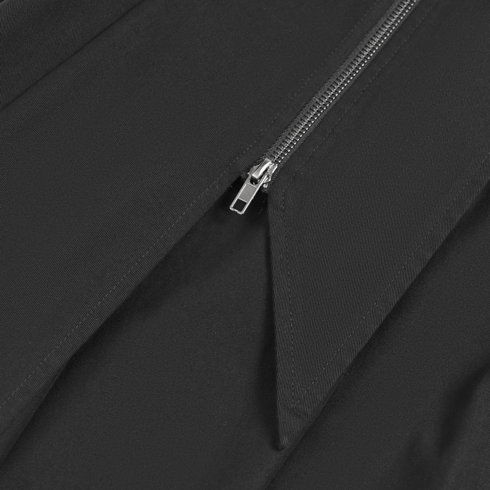 Gothic Chain and Zipper Black Skirt with Layered Panels close-up of zipper detail on textured fabric.