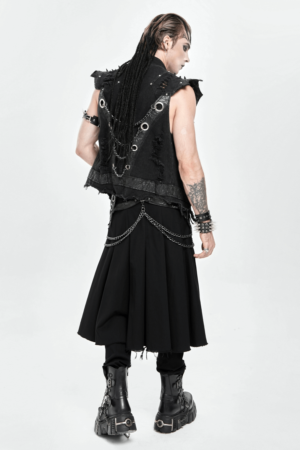 Gothic Chain and Zipper Black Skirt with Layered Panels worn by a model showcasing edgy dark fashion.