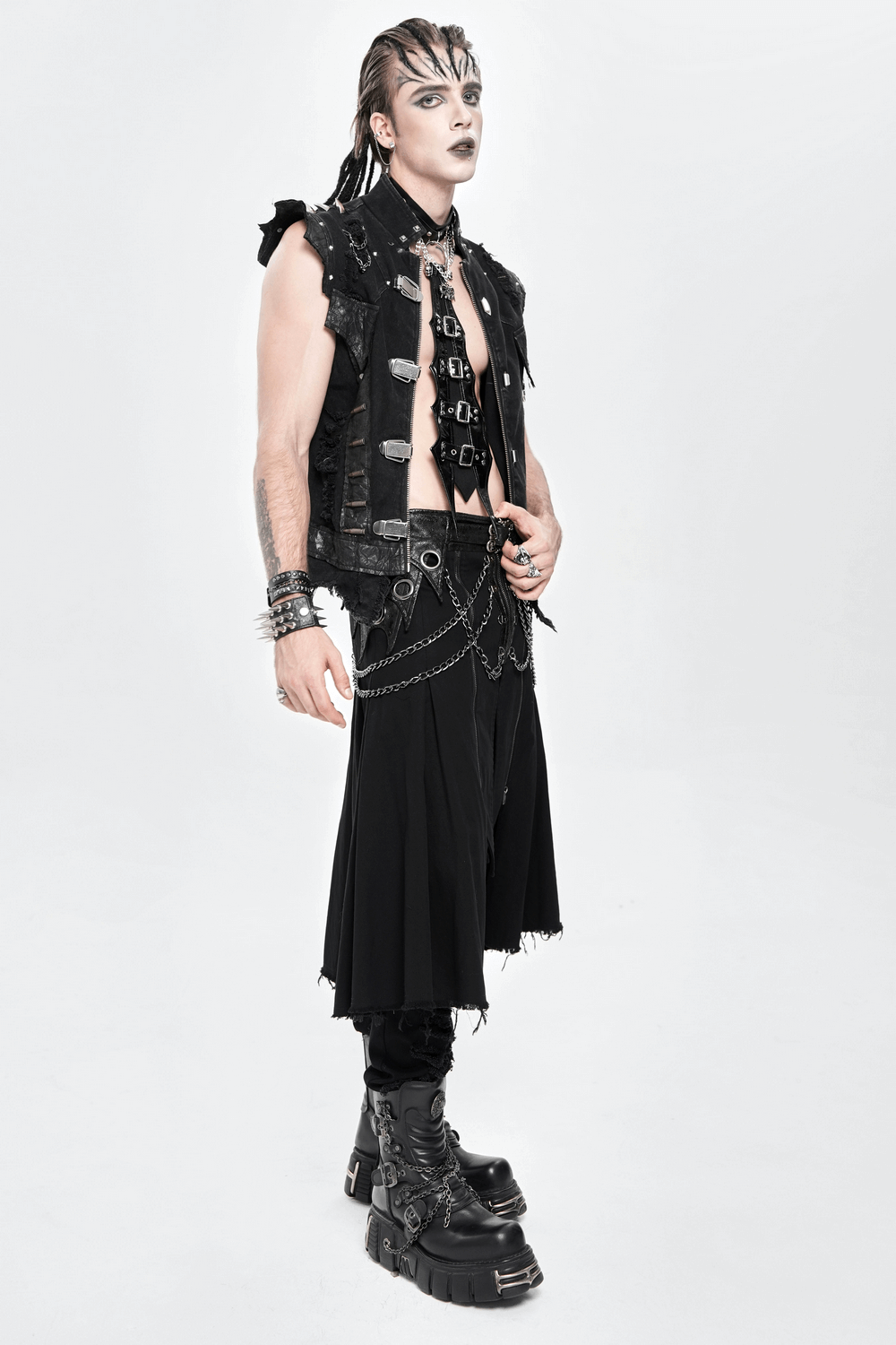 Gothic Chain and Zipper Black Skirt with Layered Panels worn by a model showcasing dark alternative fashion.