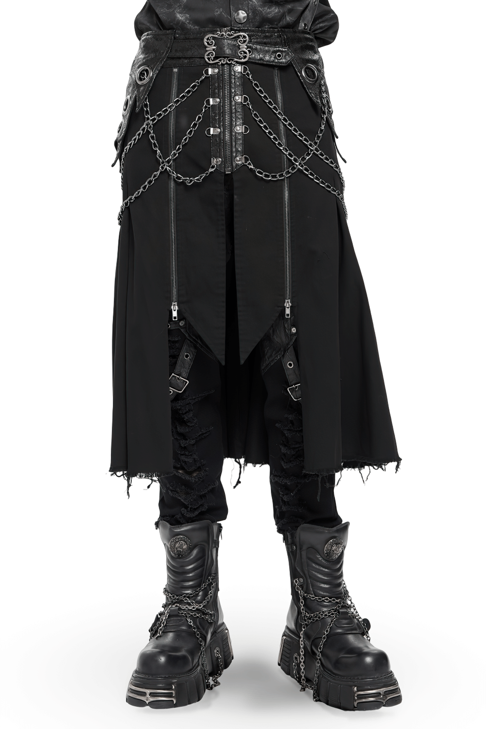 Gothic Chain and Zipper Black Skirt with Layered Panels featuring metal chains and distressed hem for dark alternative fashion.