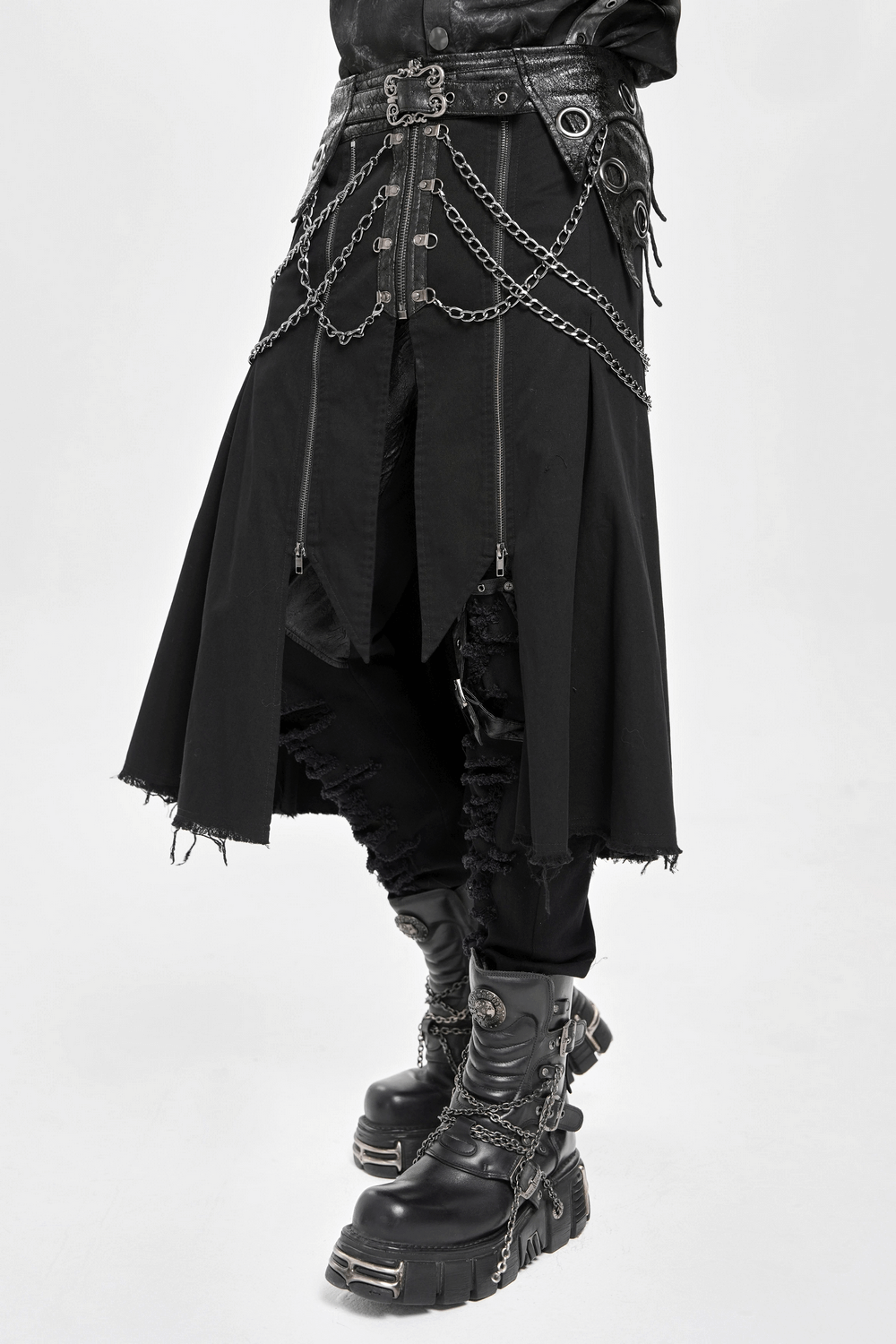 Gothic Chain and Zipper Black Skirt with Layered Panels featuring chains and a distressed hem.