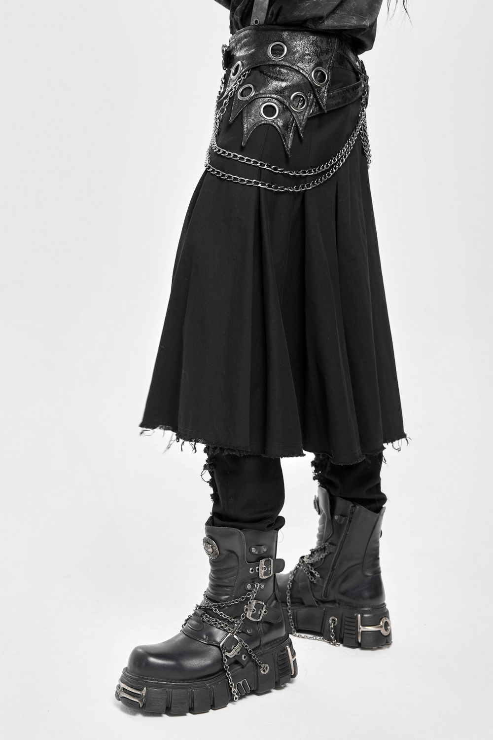 Gothic Chain and Zipper Black Skirt with Layered Panels styled with edgy footwear and accessories.