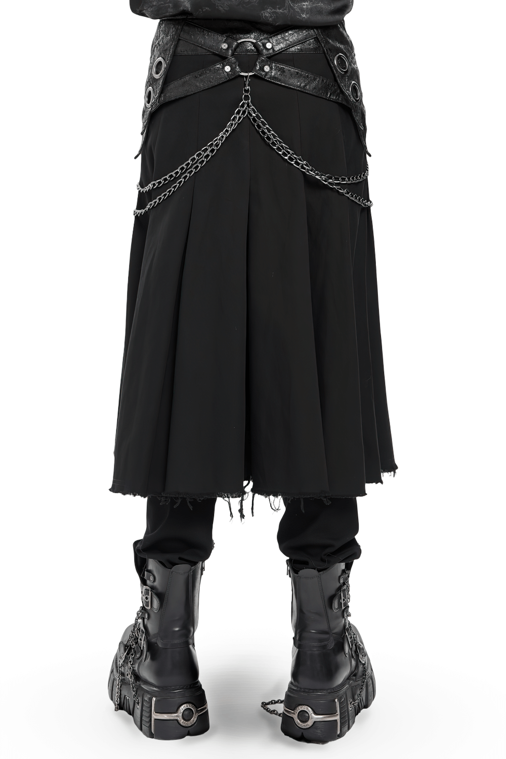 Gothic Chain and Zipper Black Skirt with Layered Panels featuring metal chains and a bold zipper design.