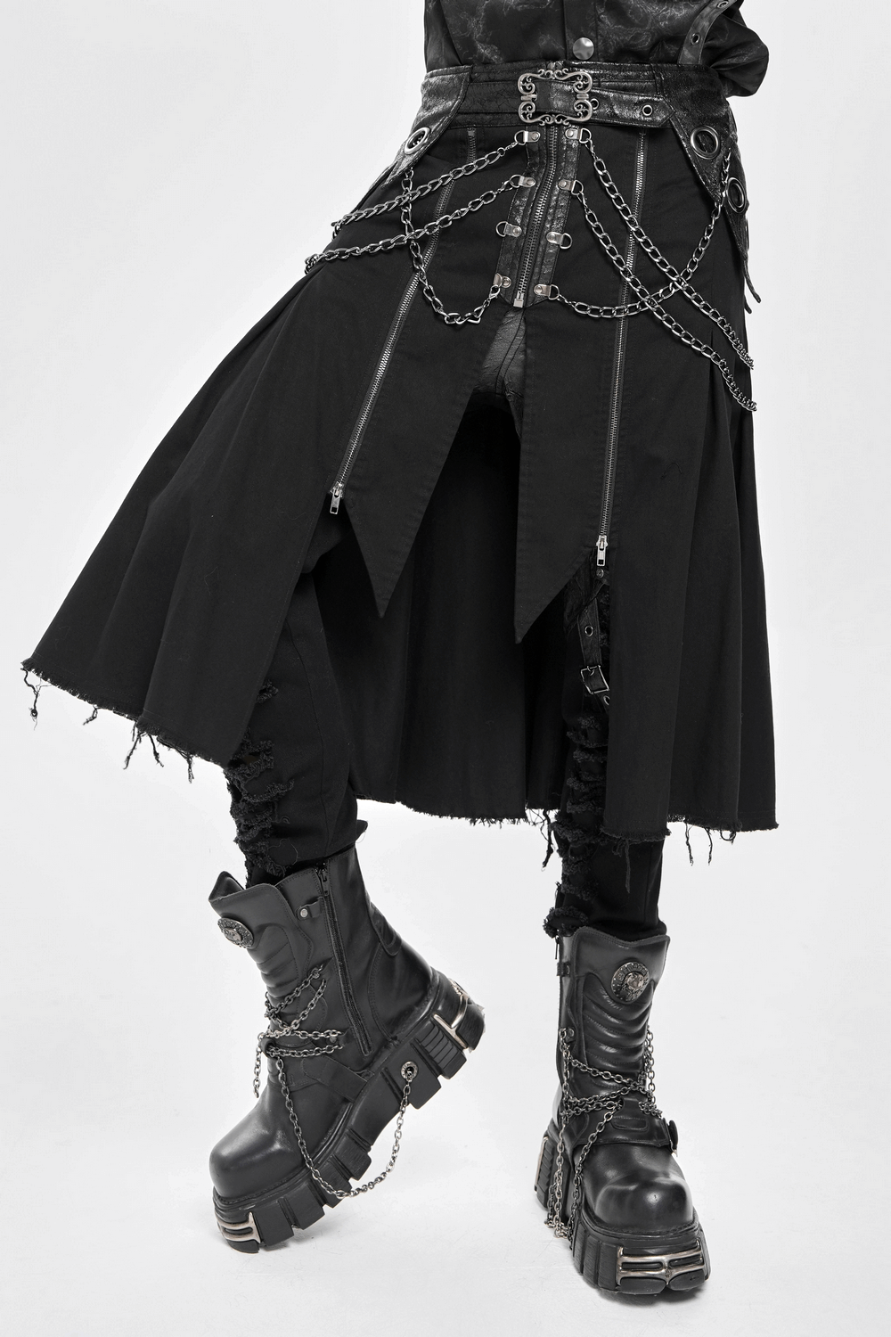 Gothic Chain and Zipper Black Skirt with Layered Panels featuring chains and distressed hem.