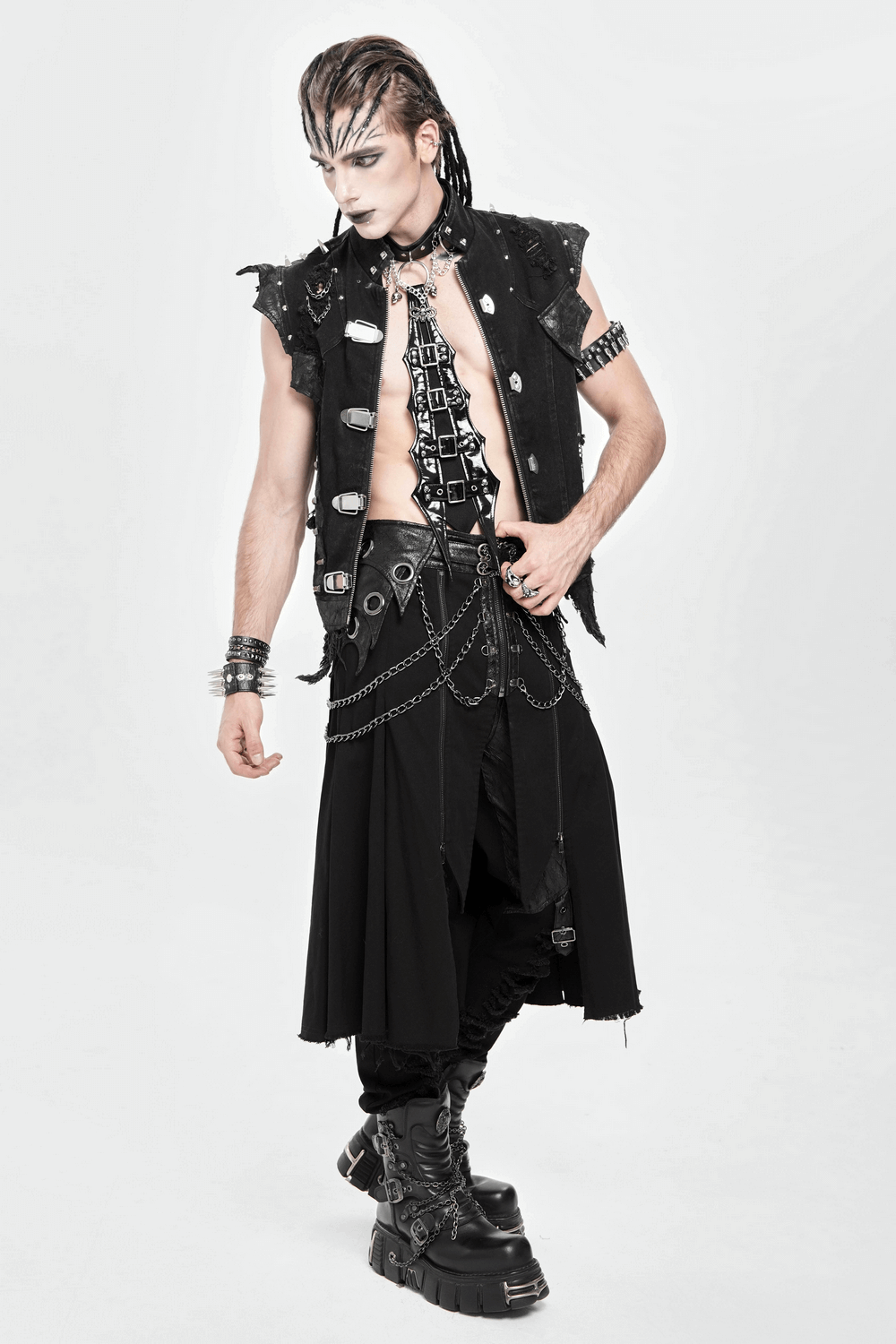 Gothic Chain and Zipper Black Skirt with Layered Panels worn by model in edgy dark fashion.