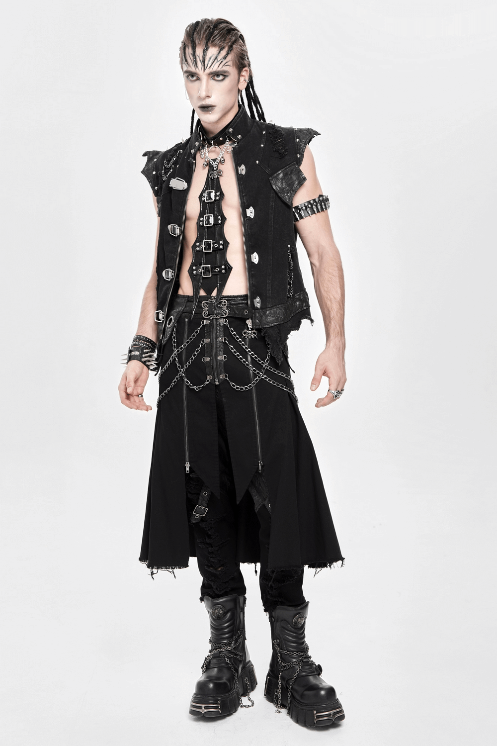 Gothic Chain and Zipper Black Skirt with Layered Panels showcased on a model with edgy accessories and dark aesthetic.