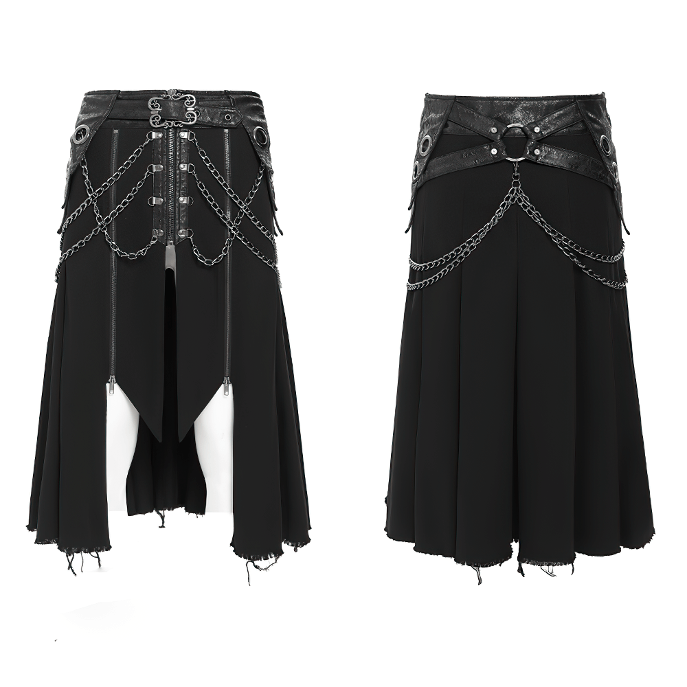 Gothic Chain and Zipper Black Skirt with Layered Panels featuring bold zippers and draped chains for a dark alternative look.