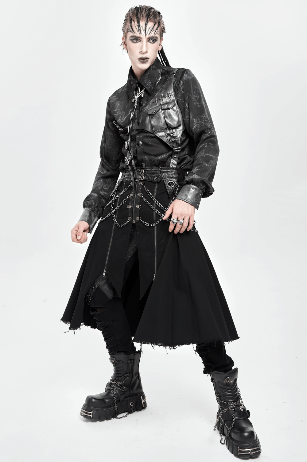 Gothic Chain and Zipper Black Skirt with Layered Panels showcased on a model wearing edgy accessories and bold makeup.