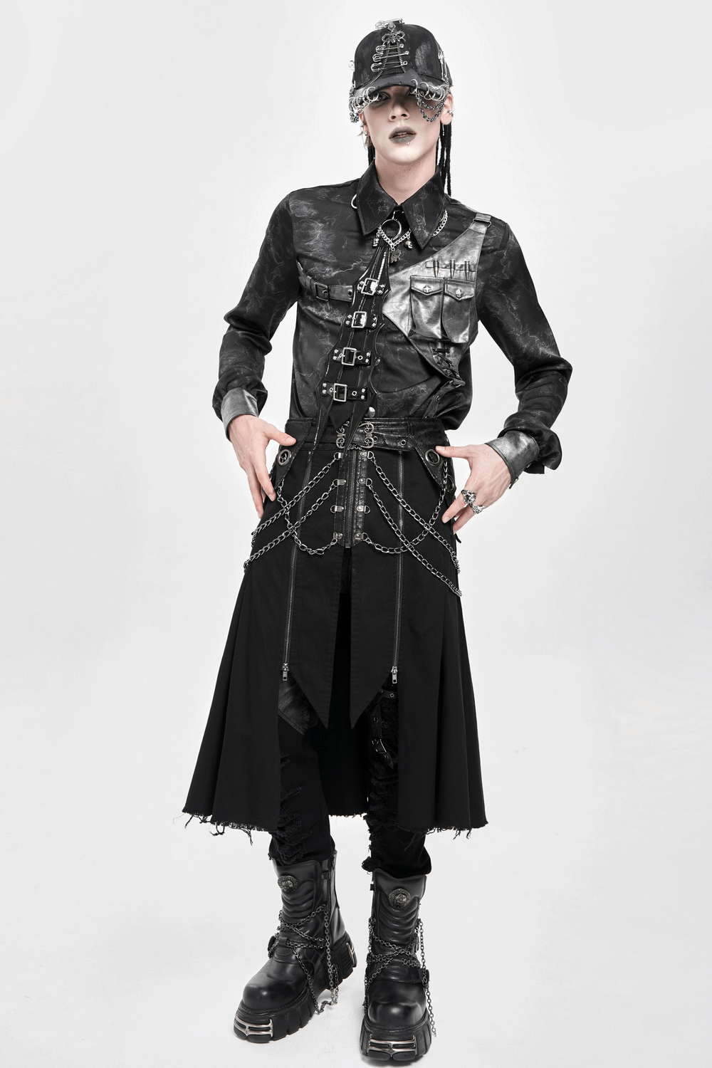 Gothic Chain and Zipper Black Skirt with Layered Panels styled with bold accessories and edgy details.