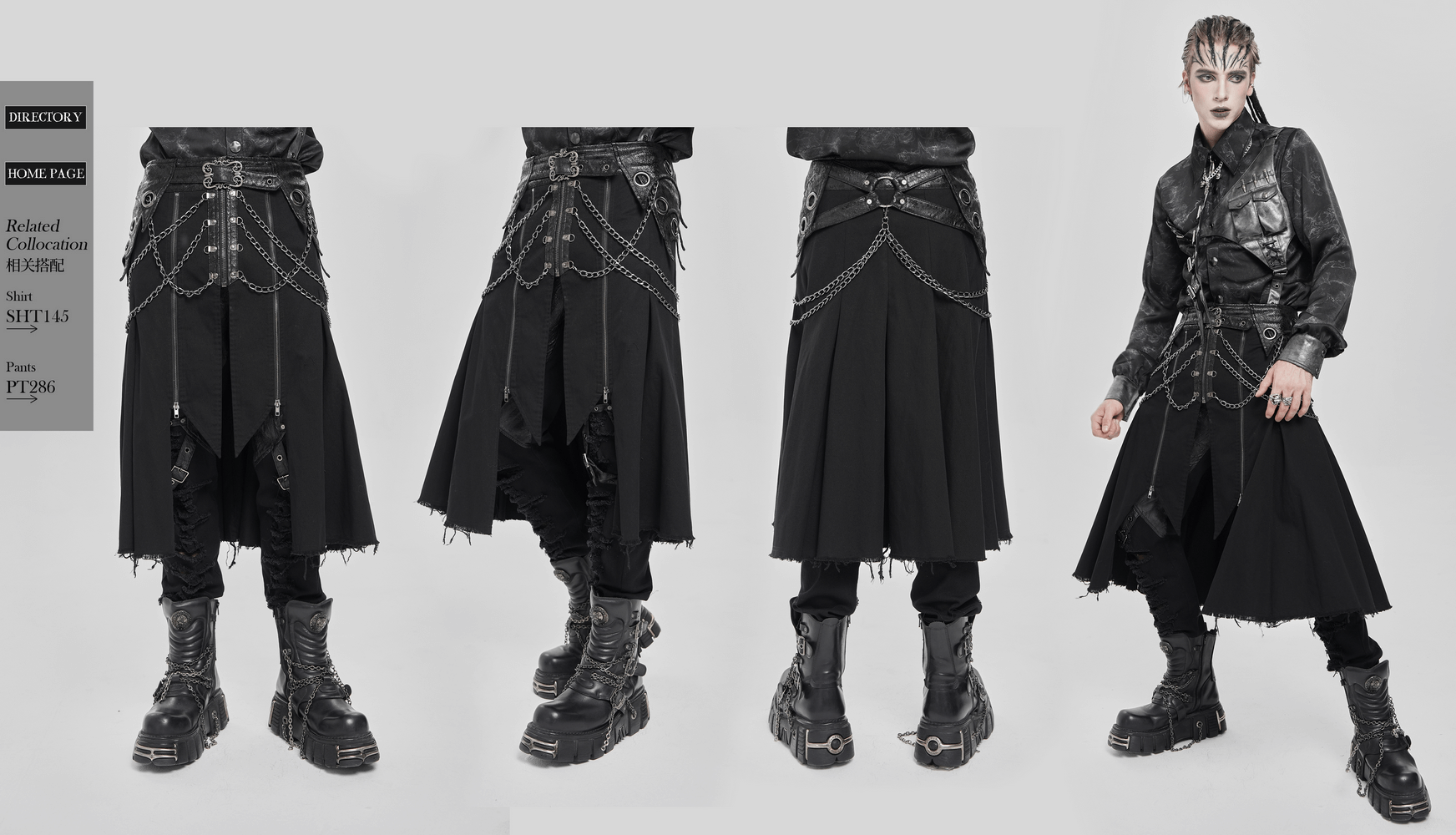 Gothic Chain and Zipper Black Skirt with Layered Panels worn by a model showcasing a dark alternative style.