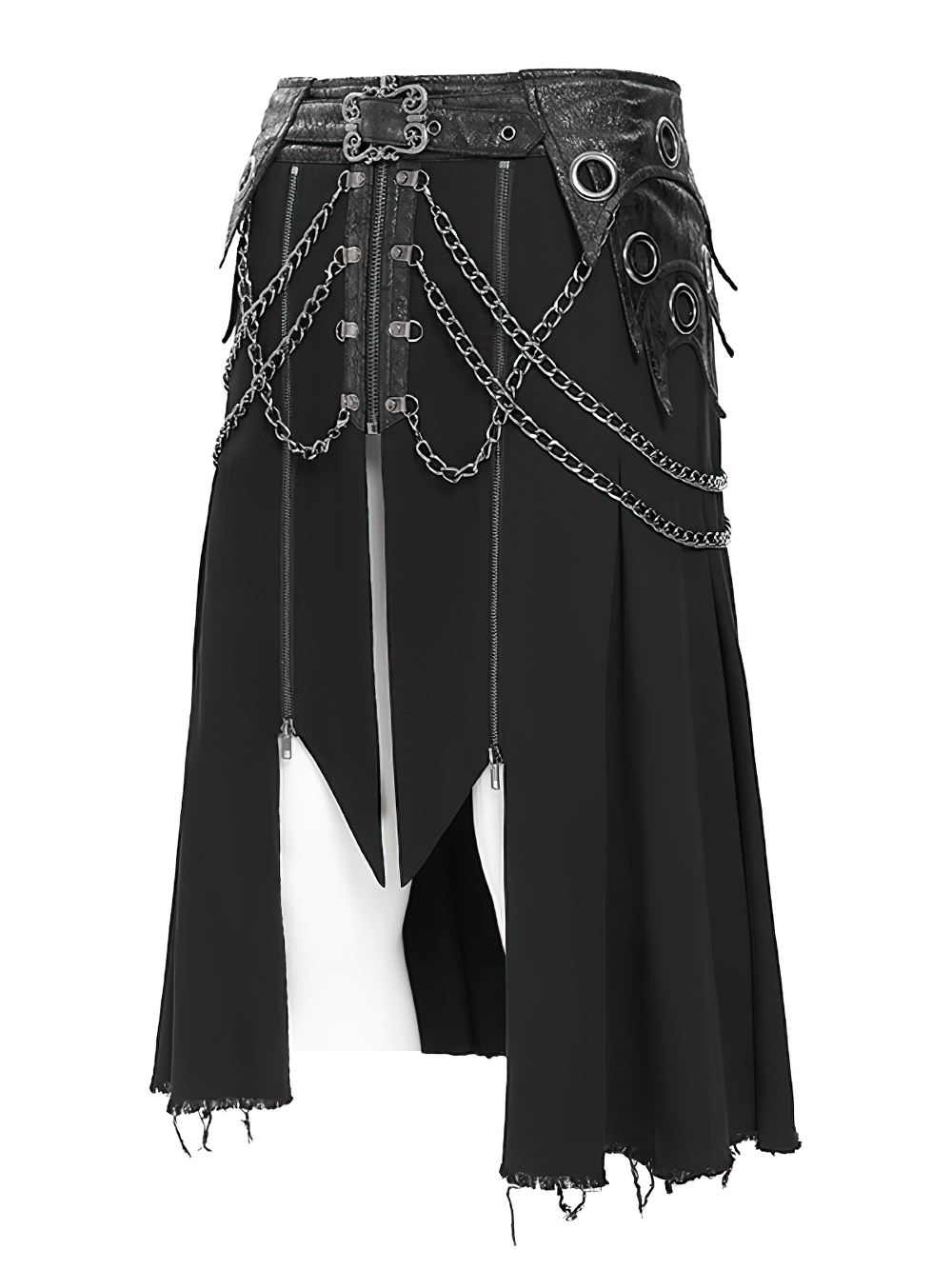 Gothic Chain and Zipper Black Skirt with Layered Panels featuring chains and zipper design.