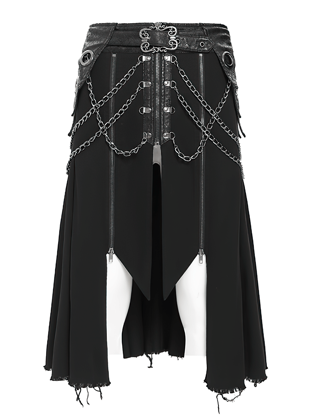 Gothic Chain and Zipper Black Skirt with Layered Panels showcasing metal chains and textured faux leather design.