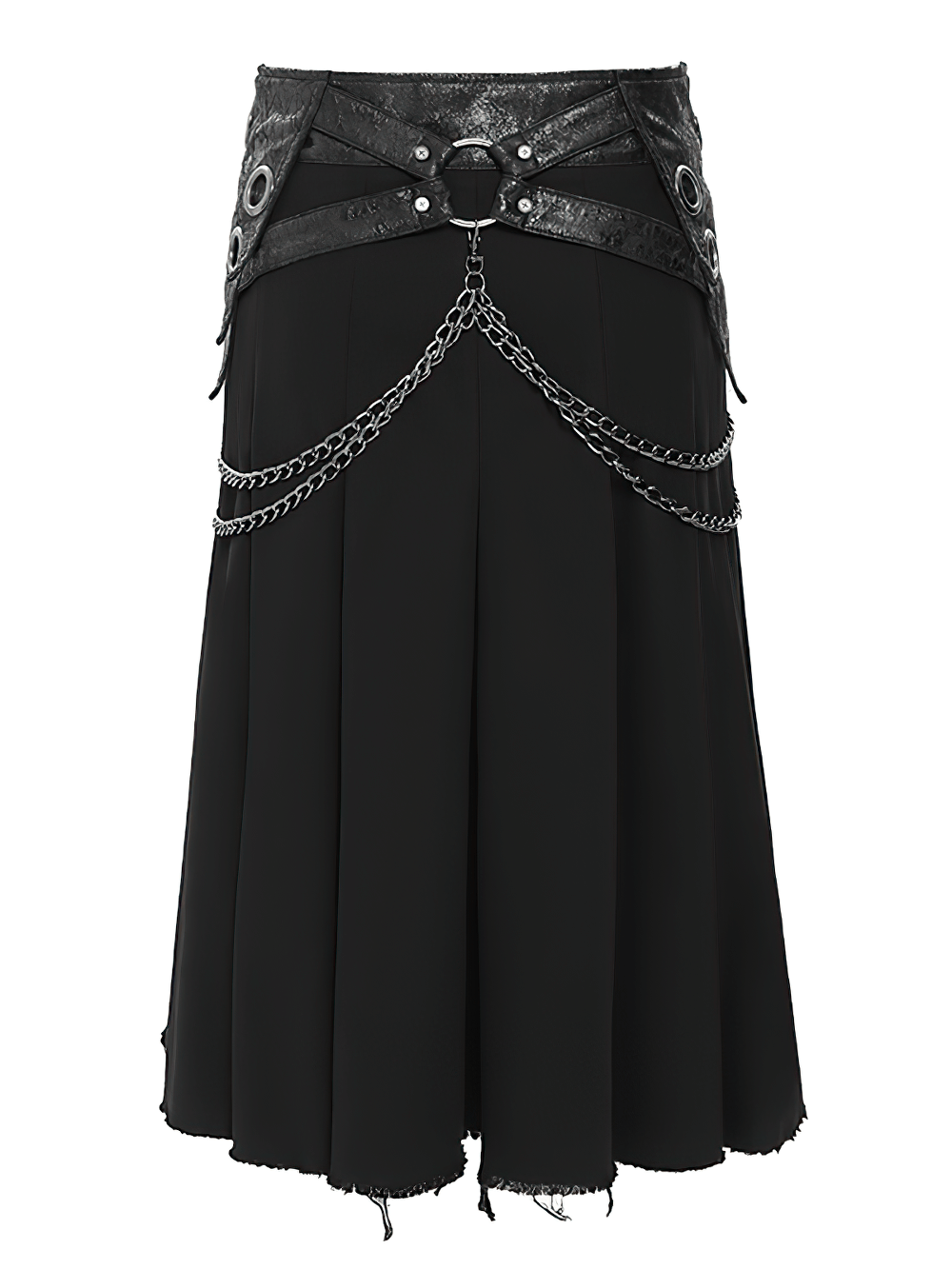 Gothic Chain and Zipper Black Skirt with Layered Panels featuring draped chains and faux leather details.