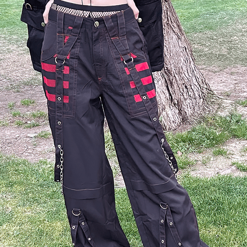 Gothic Chain Bandage Wide Leg Pants for Women / Oversize Low Rise Dark Trousers in Punk Style