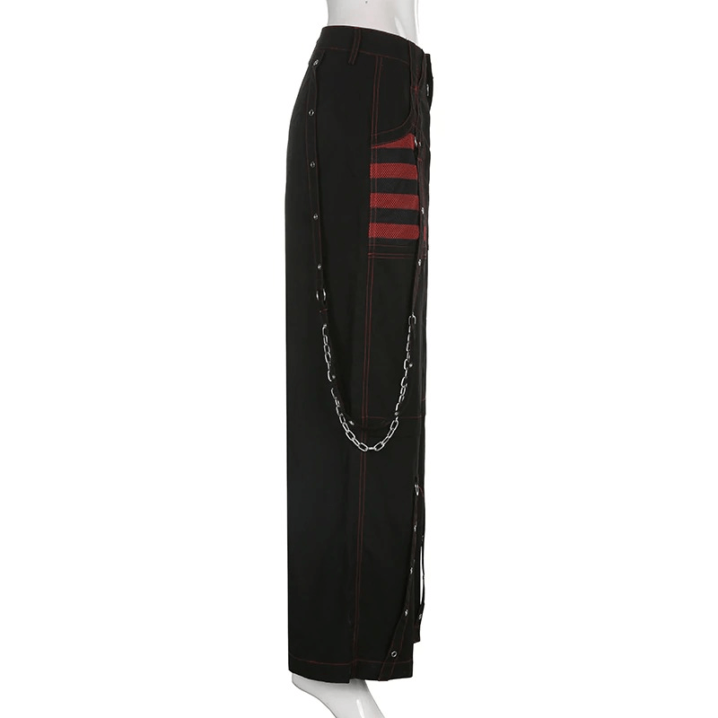 Gothic Chain Bandage Wide Leg Pants for Women / Oversize Low Rise Dark Trousers in Punk Style