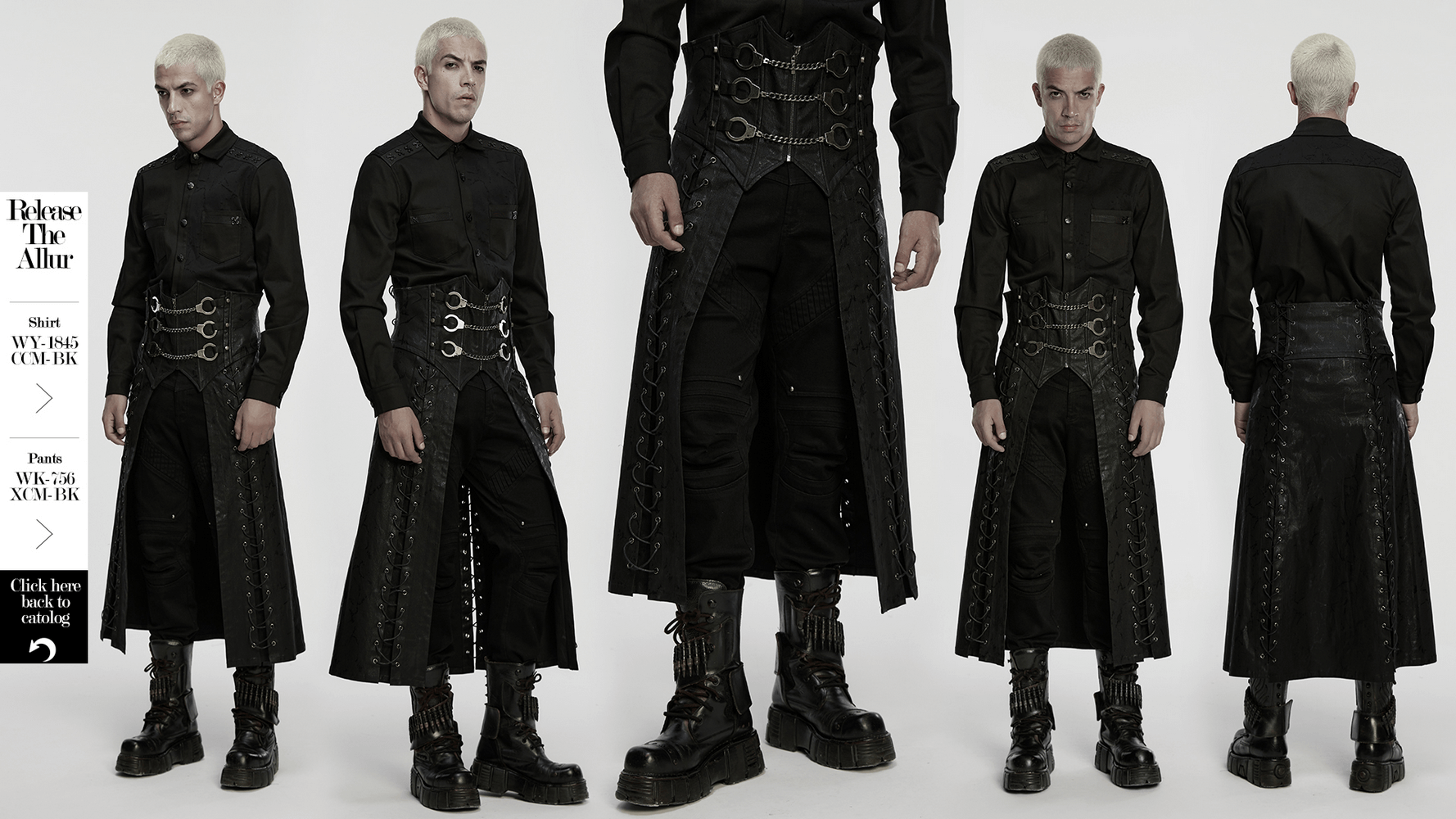 Gothic Chain Buckle Long Kilt with Side Lacing Detail showcased on model, highlighting punk style and bold design.