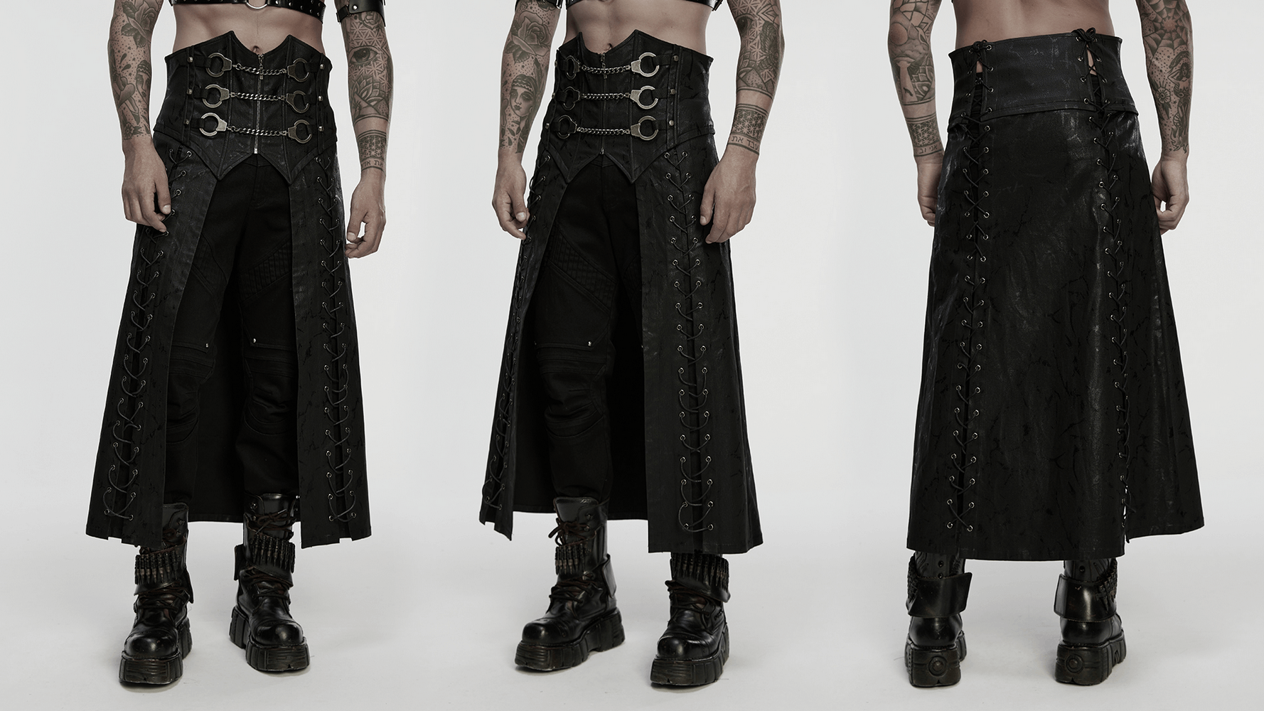 Gothic Chain Buckle Long Kilt with Side Lacing Detail showcased from multiple angles, featuring punk handcuffs and chains.