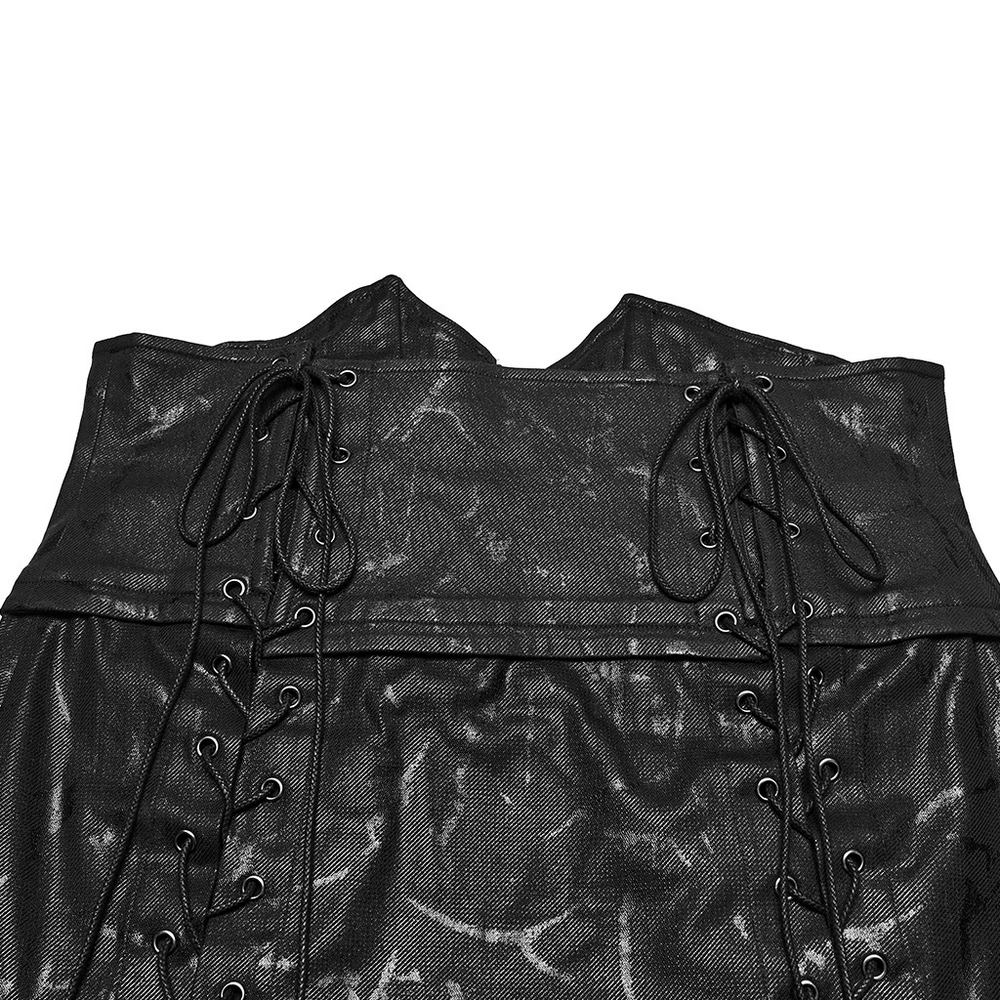 Gothic Chain Buckle Long Kilt with Side Lacing Detail showing intricate lacing details and textured fabric.