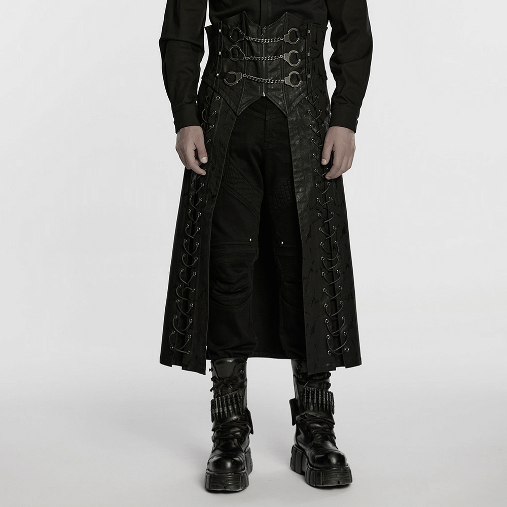Gothic Chain Buckle Long Kilt with Side Lacing Detail featuring bold chain details and punk aesthetic.