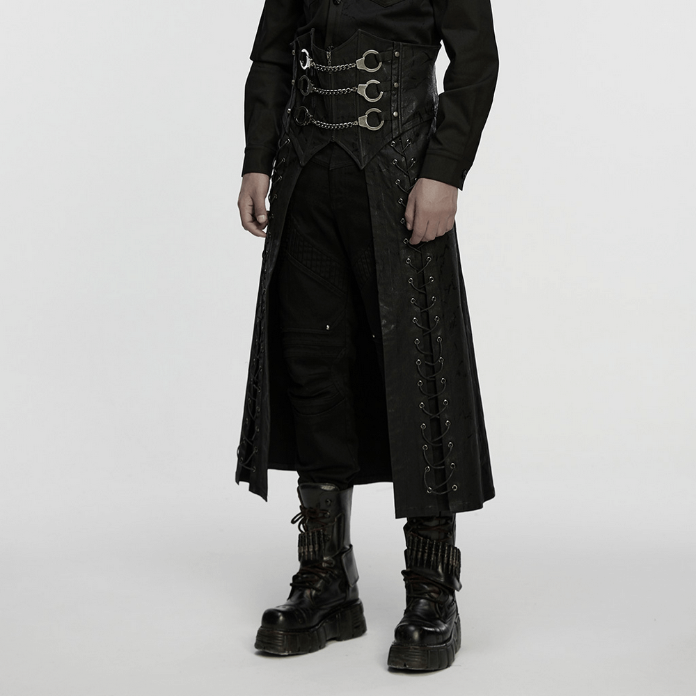 Gothic Chain Buckle Long Kilt with Side Lacing Detail showcasing punk style with bold chains and structured design.