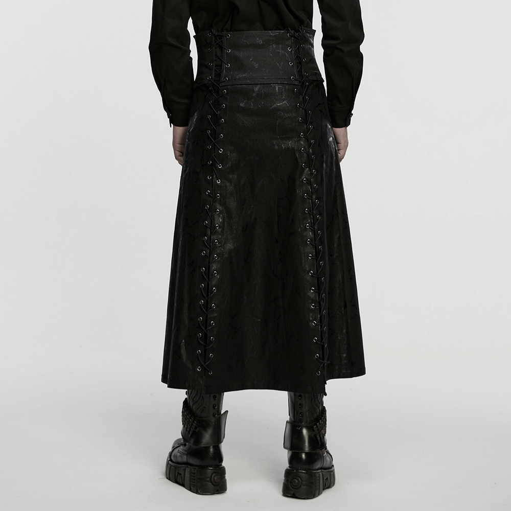 Gothic Chain Buckle Long Kilt with Side Lacing Detail, featuring a stylish back and lacing details for a punk vibe.