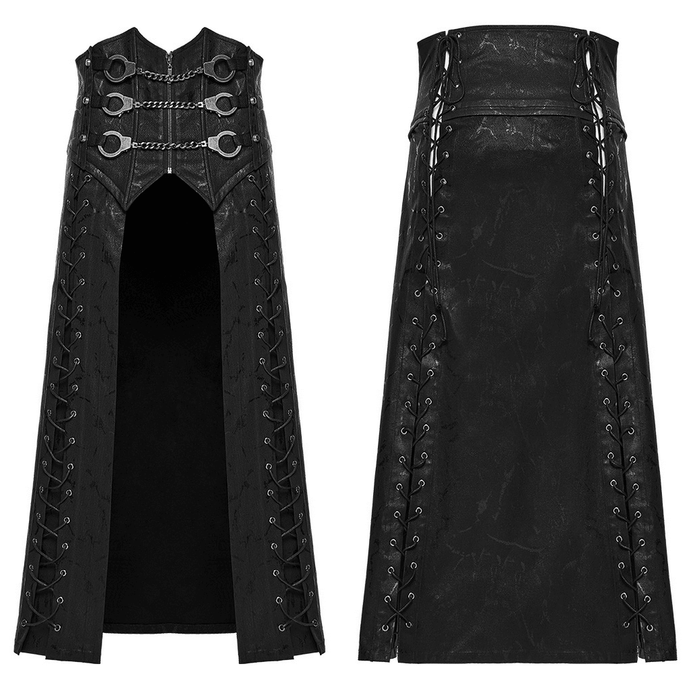 Gothic Chain Buckle Long Kilt with Side Lacing Detail showcasing punk style with metal details and lacing.