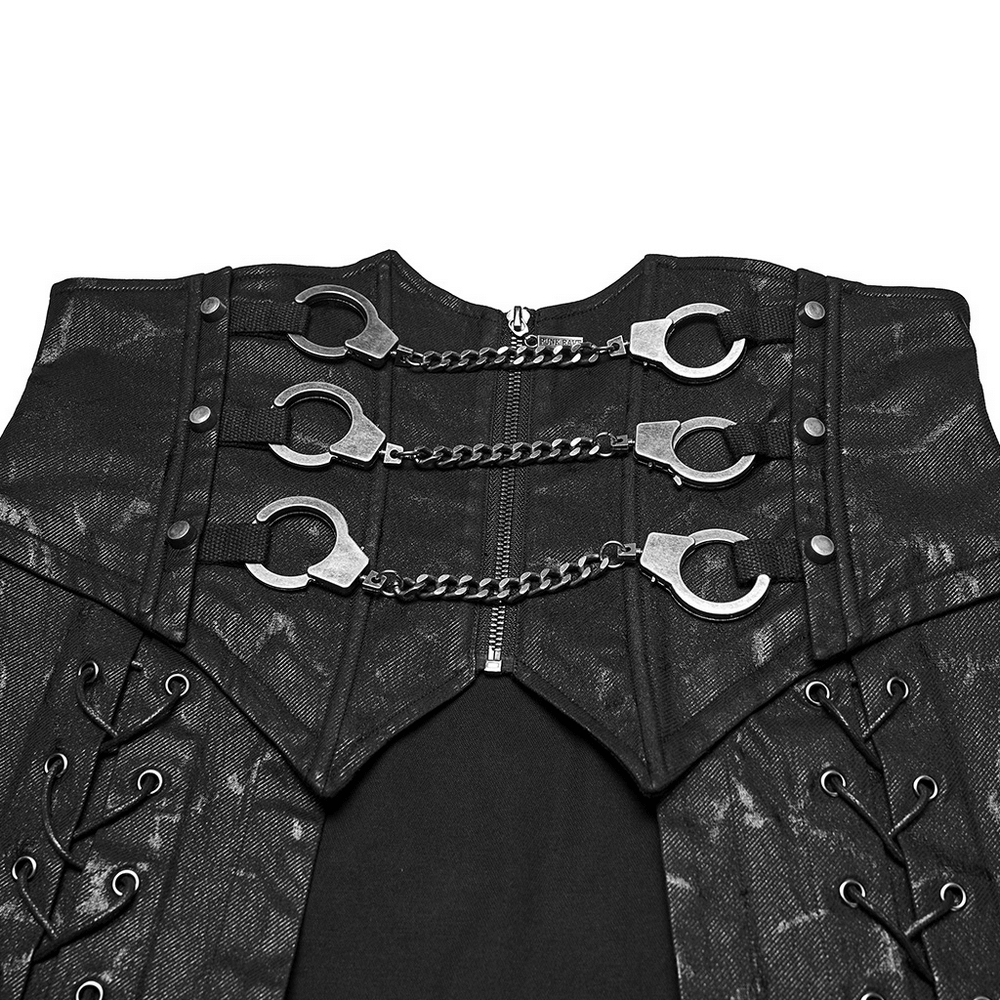 Gothic Chain Buckle Long Kilt with Side Lacing Detail showcasing handcuff and chain embellishments on a punk design.