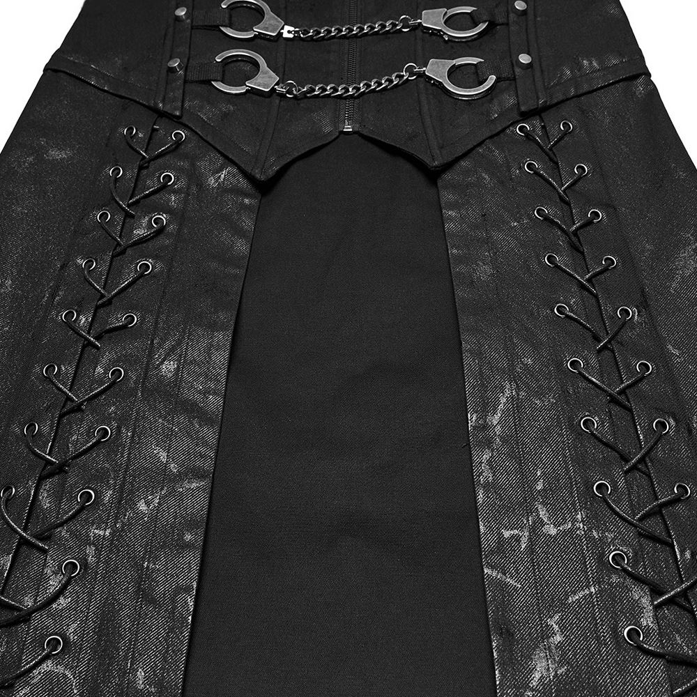 Gothic Chain Buckle Long Kilt with Side Lacing Detail featuring removable metal handcuffs and chains.