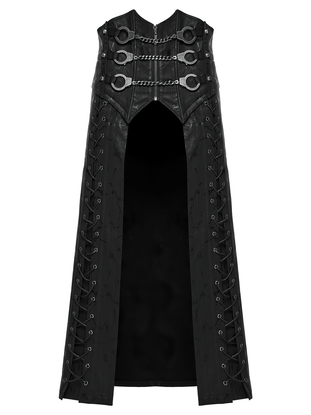 Gothic Chain Buckle Long Kilt with Side Lacing Detail featuring intricate lace-up design and bold chain accents.