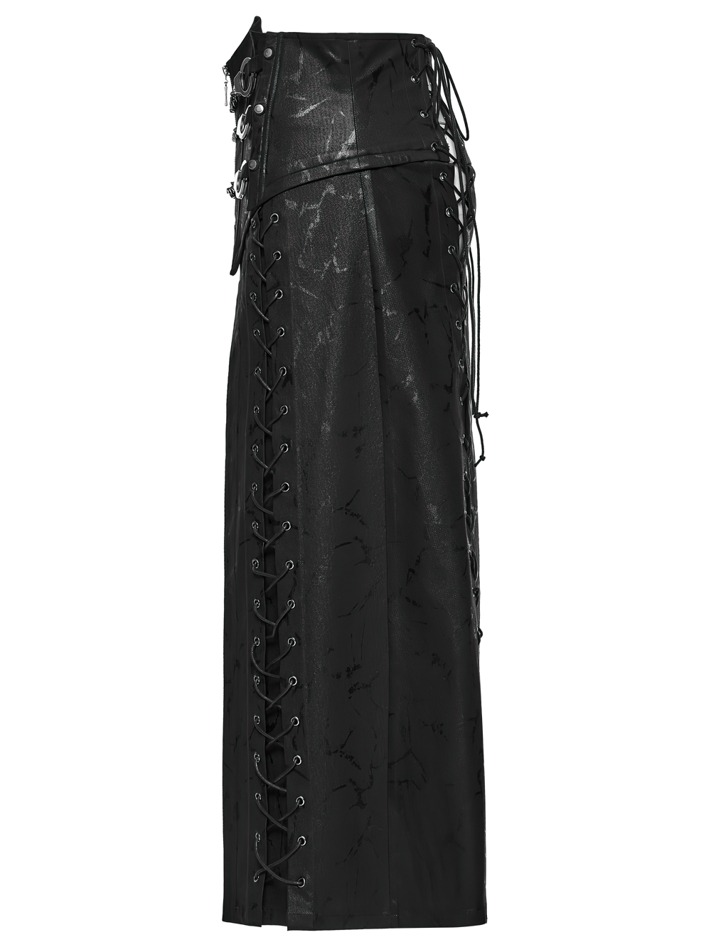 Gothic Chain Buckle Long Kilt with Side Lacing Detail showcasing punk style and edgy design.