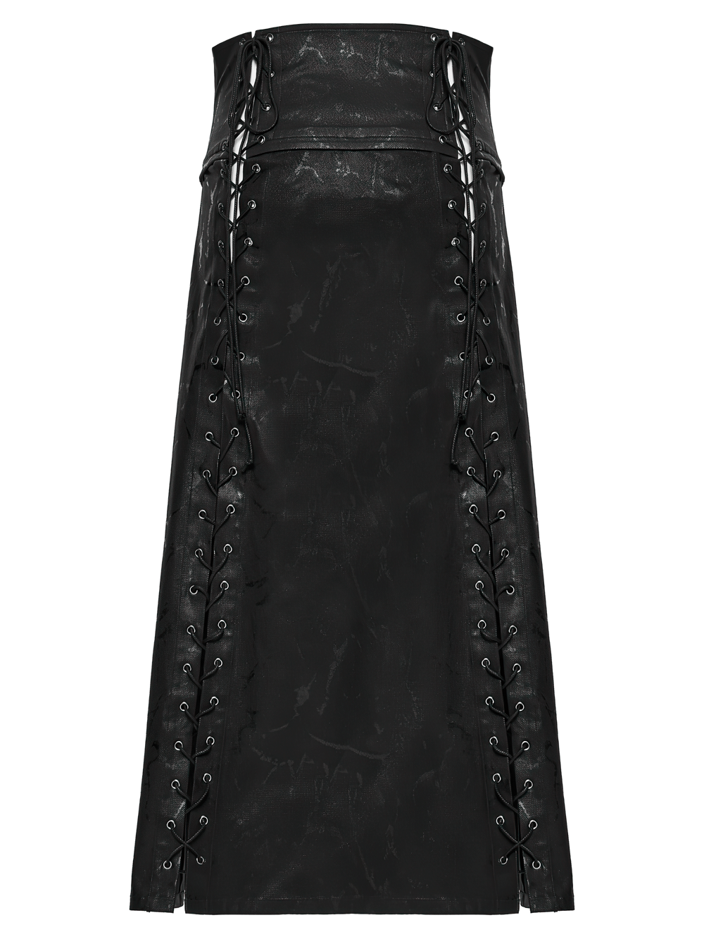 Gothic Chain Buckle Long Kilt with Side Lacing Detail featuring lace-up sides and a sleek black finish.