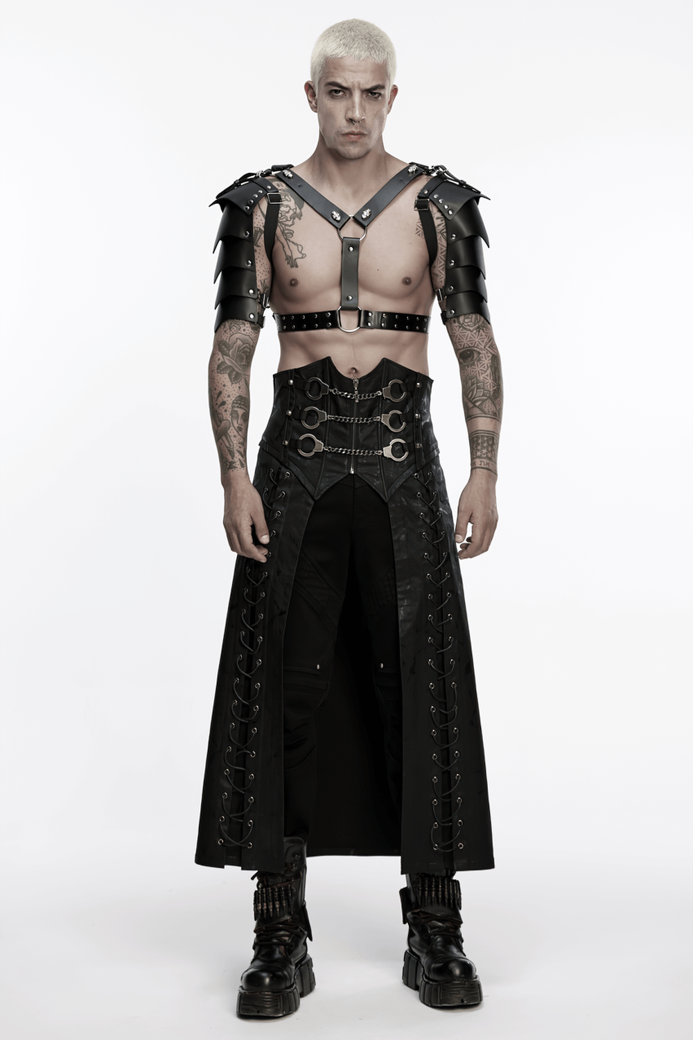 Gothic Chain Buckle Long Kilt with Side Lacing Detail modeled by a muscular model with tattooed arms.