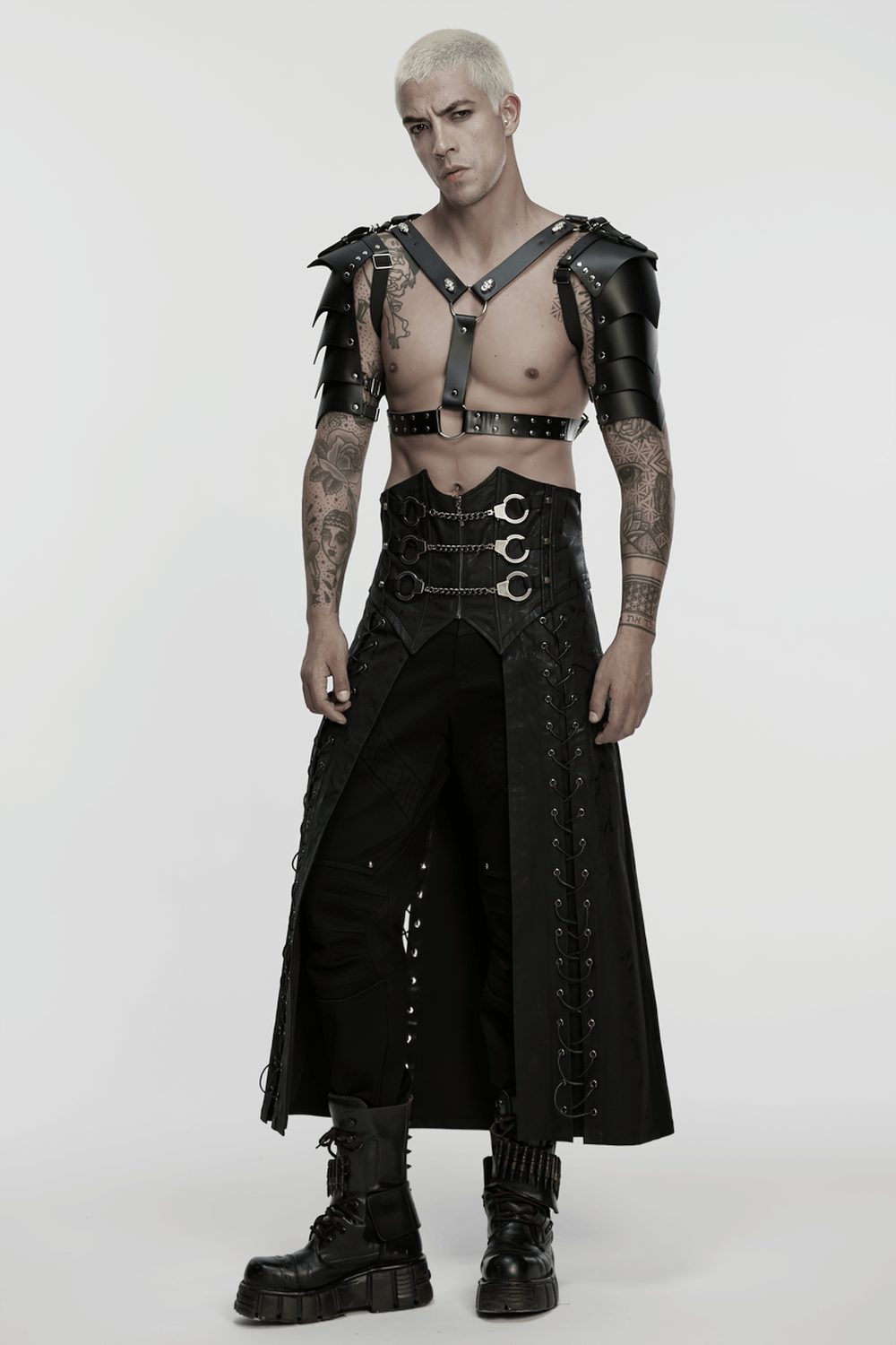 Gothic Chain Buckle Long Kilt with Side Lacing Detail worn by a model showcasing punk style and edgy fashion.