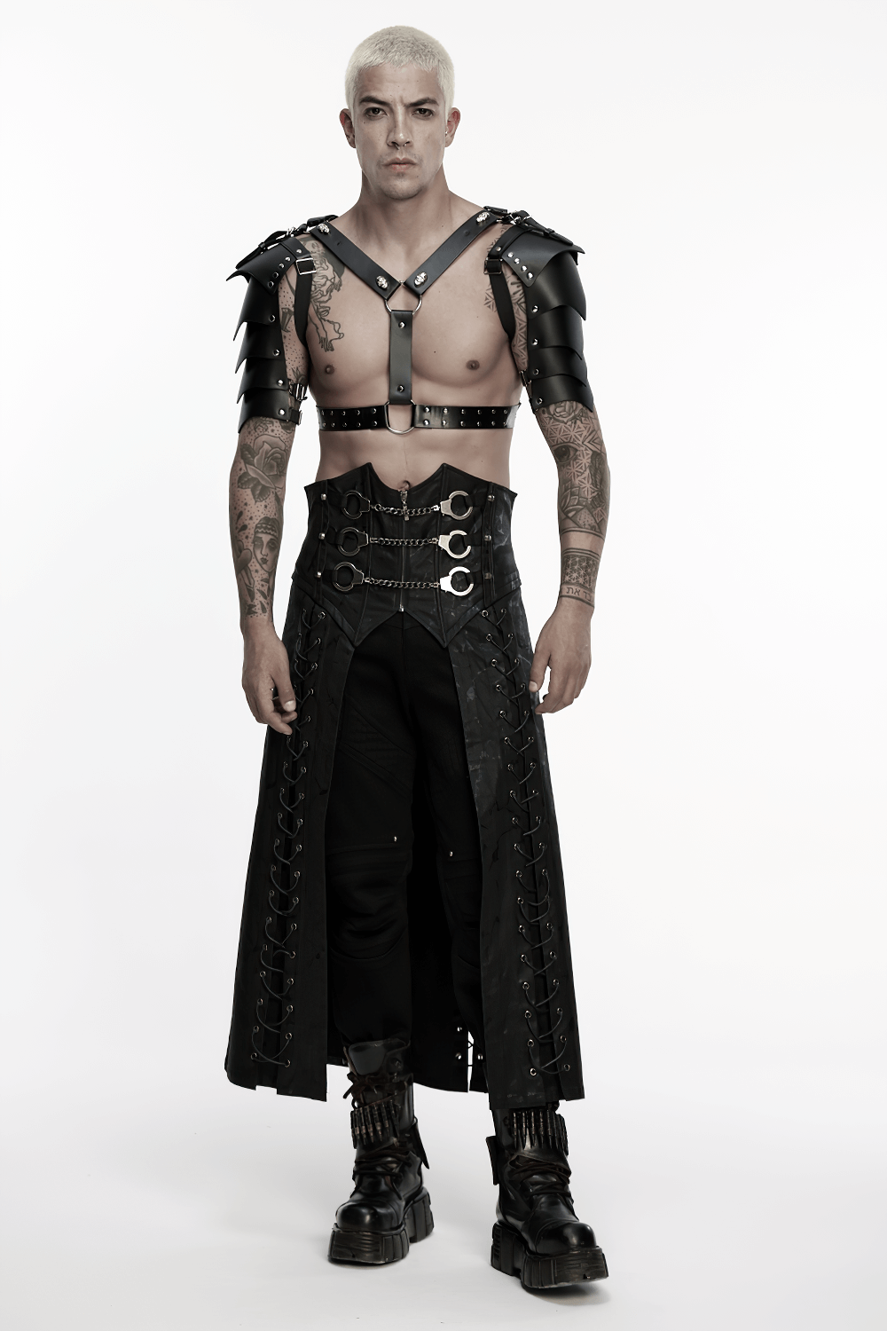 Gothic Chain Buckle Long Kilt with Side Lacing Detail worn by a model showcasing punk style and edgy design.